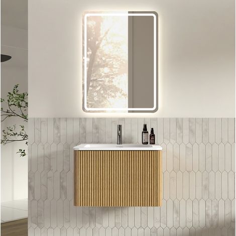 Mueble con lavabo 60 cm y espejo LED 60 x 80 cm, premontado, roble HAVRYA (1/5)