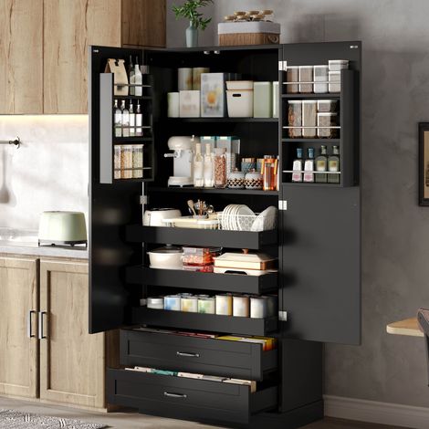 Credenza da cucina alta con 3 ripiani scorrevoli, 2 cassetti e ante, 80x37,5x180 cm, MDF nero (1/5)