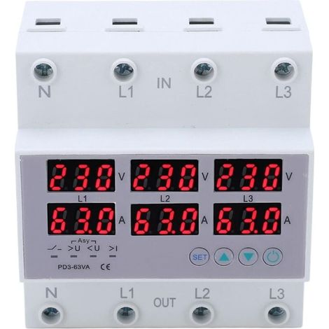 Voltmetro trifase per guida DIN, CA 390-500 V, voltmetro amperometro trifase per guida DIN, protezione automatica da sovratensione e sovracorrente, multitester (63 A)