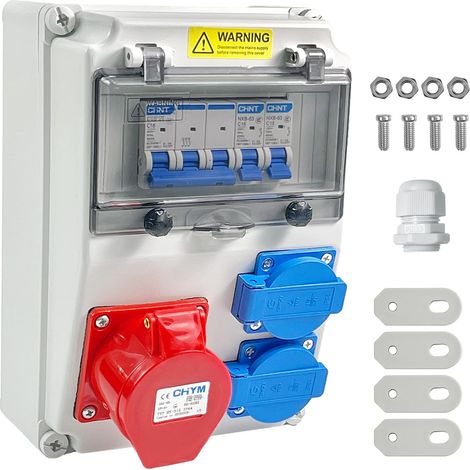 Coffret de Chantier avec Disjoncteur, IP54 Coffret Électrique de Chantier avec 2 Prises Schuko 16 A et Prise CEE 5 Broches, Distributeur de Puissance Consommée pour Ateliers et Usines (1/5)