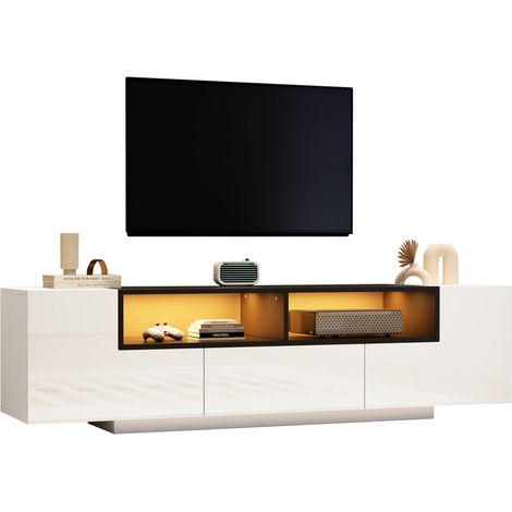 TV Lowboard mit 2 L-Form Fächern, 1 Schublade und 2 Offenen Fächern, LED, Hochglanzfront, für Wohnzimmer, 180 × 40 × 48 cm (1/5)