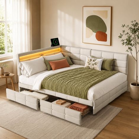 Lit Banquette 140x190 cm avec 2 Tiroirs, Canapé Lit Rembourré avec LED et prise USB, Lit double avec Sommier à Lattes, Lit de jour, Lit d'Angle / Lit d'Appoint pour Ado et Adulte, Lin Beige (1/5)
