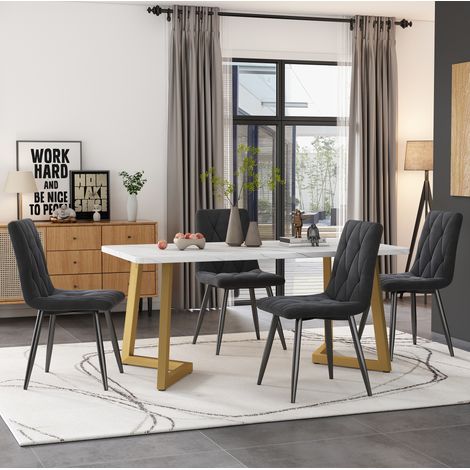 Essgruppe aus MDF und Metall in Weiß/Grau, 117x68 cm, mit 4 Samtstühlen, goldene Tischbeine (1/5)