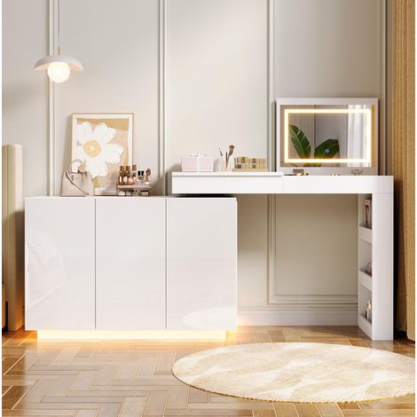 Tavolo da trucco girevole a L 100x40x80 cm, specchio LED, piano salvaspazio, legno truciolare bianco (1/5)