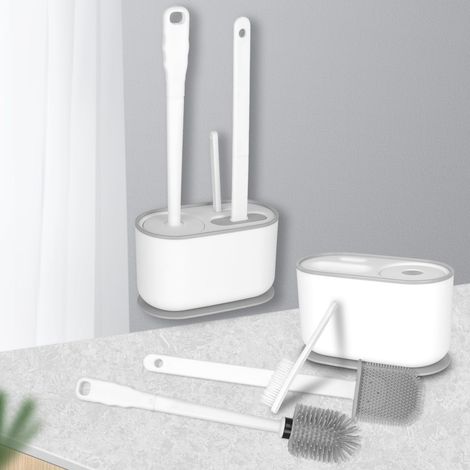 Lot de 3 brosse WC en silicone et nettoyage joints, montage mural (blanc) (1/5)