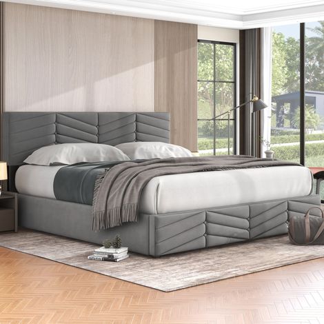 Letto contenitore 180 x 200 cm in velluto grigio con testiera regolabile DESVIAE (1/5)