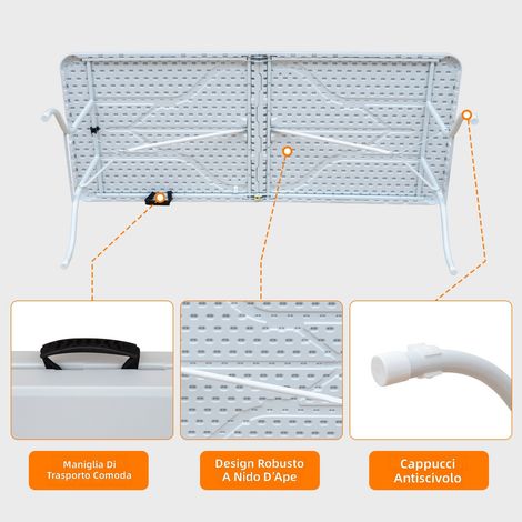 Tavolo pieghevole portatile 180 cm robusto con maniglia, multifunzionale per interni ed esterni, capacità 135 kg, colore bianco (1/5)