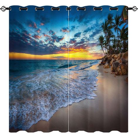 Mer Lot de 2 Rideaux Occultants Isolant Thermique Anti Froid 132x242 (lxH) Océan Plage Vague Coucher de Soleil Multicolore Design Moderne à Oeillets Romantique Paysage Rideaux pour Salon - 132L X 242H (1/5)