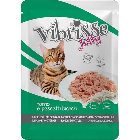 18 buste 70 g cad.: Vibrisse Cat busta Jelly al tonno con pescetti bianchi 18 buste da 70 g cad.