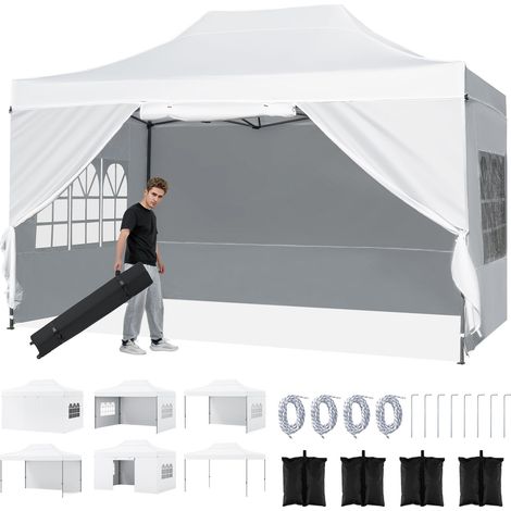 Tonnelle de Jardin Pop Up 4,3x2,9 m avec 4 Parois Latérales Amovibles, Barnum Pliant Imperméable avec 3 Hauteurs Réglables, Sac à Roulettes, Blanc (1/5)