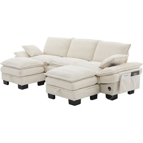 3-Sitzer-Modulsofa aus beigem Cordstoff mit 2 Hockern, USB-C-Anschluss und Seitentaschen (1/5)