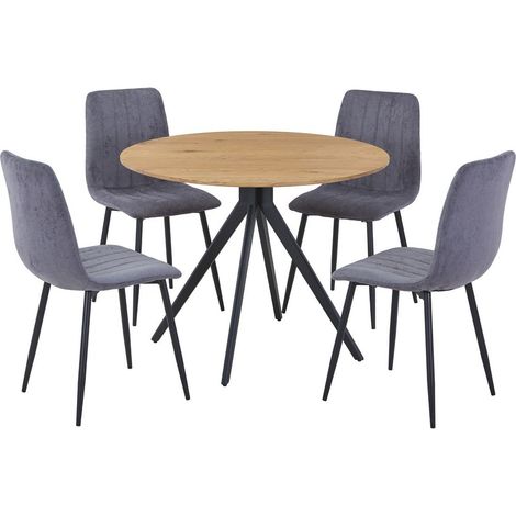 Aspen Light Oak Round Table & 4 Grey Fabric Chair Set - MDF/Metal - L54 x W53.5 x H88 cm