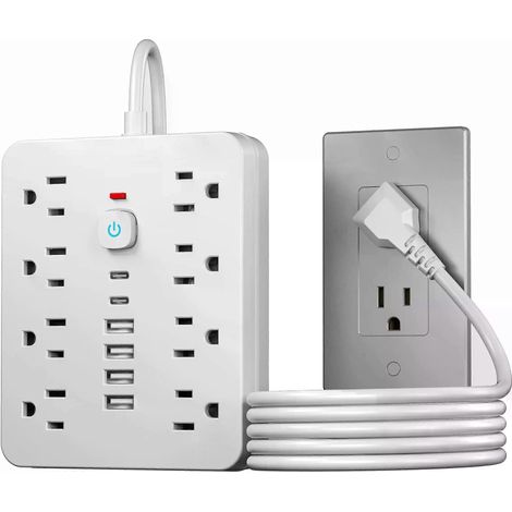 Multiprise parafoudre avec interrupteur - 8 prises secteur et 6 ports USB (dont 2 USB-C) et cordon d'alimentation de 1,5 m/3 m (1/4)