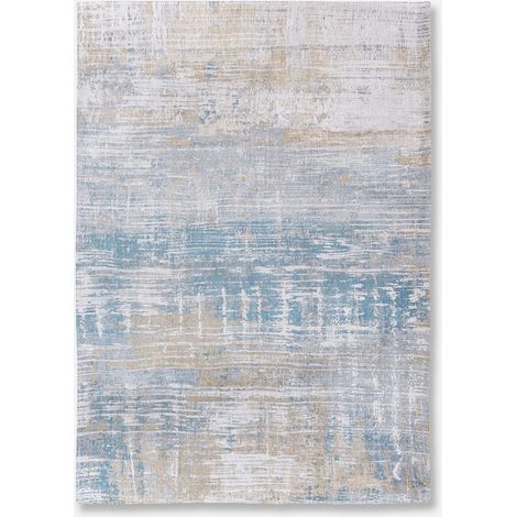 DESIGN A STRISCE - TAPPETO ASTRATTO ATLANTIC - Prodotto in Belgio - Tessuto piatto jacquard meccanico - Rifinito a mano - Antiscivolo naturale - Cotone - Poliestere - Blu Long Island - 80 x 150 CM (1/5)