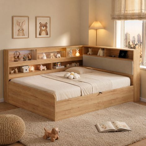 Cama infantil 140x200 cm con almacenaje hidráulico, LED, USB y MDF natural