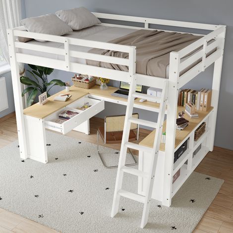 Lit mezzanine 140x200cm bureau en U deux tiroirs étagère lattes robustes bois et MDF blanc (Sans matelas) (1/5)