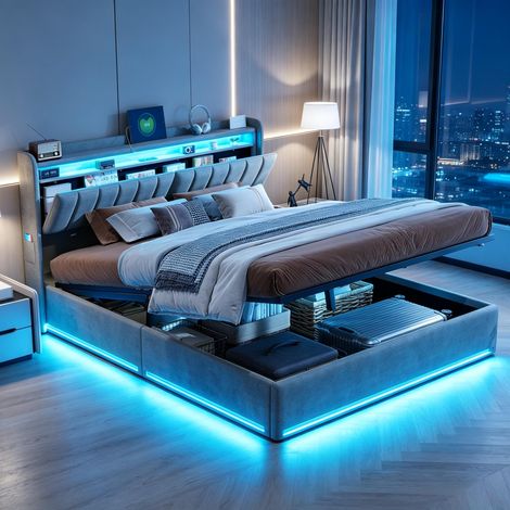 FOERPL-Letto 140 x 200 cm con rete a doghe, letto contenitore 140 x 200 cm con LED e porte USB, letto matrimoniale imbottiti 140 x 200 cm con testiera e contenitore, letto per adulti con rete a doghe