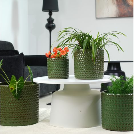 Lot de 4 pots de fleurs en céramique vert olive, relief chevron, pour intérieur et balcon - CHICFURN (1/5)