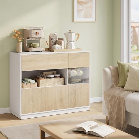 WOLTU Credenza con Cassetto e Scomparti Aperto e Chiusi - per Cucina e Soggiorno - Rovere Chiaro+Bianco