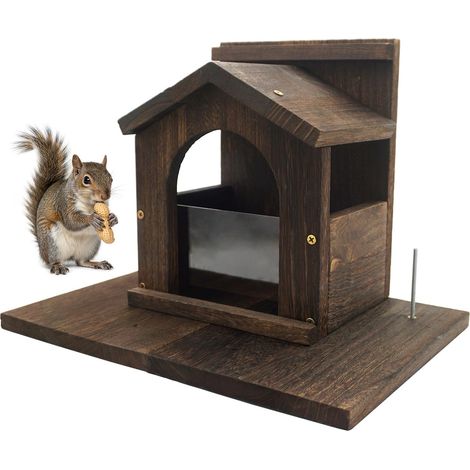 Futterhaus aus Holz für Eichhörnchen, große, robuste Futterplattform aus Holz für Streifenhörnchen zur Fütterung von Grau- und Rothörnchen im Freien (dunkle Holzfarbe) (1/5)