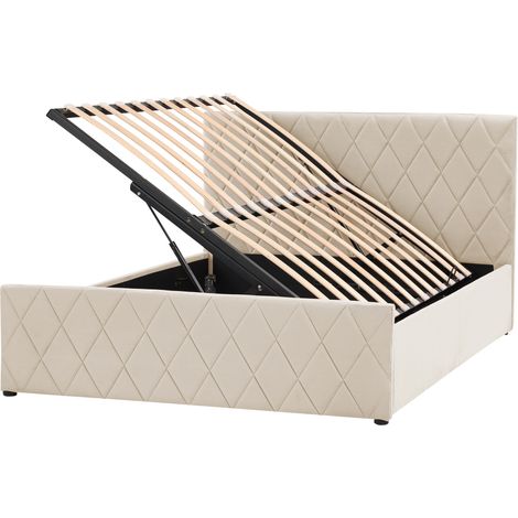 Cama con somier de terciopelo beige 140 x 200 cm almacenaje cabecero Rochefort