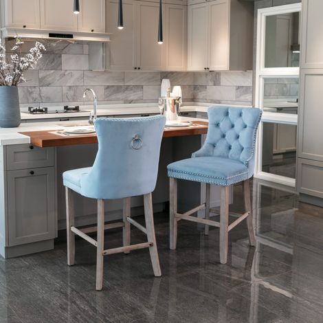 Tabouret de bar en velours bleu clair avec dossier haut et pieds en bois,60×50×103cm (1/5)