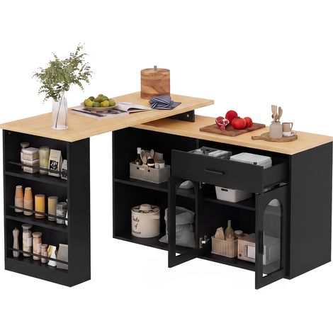 Îlot central de cuisine Noir,table de bar,avec étagères réglables,plan de travail,prise avec USB,136x50x78cm,cuisine,salon (1/5)