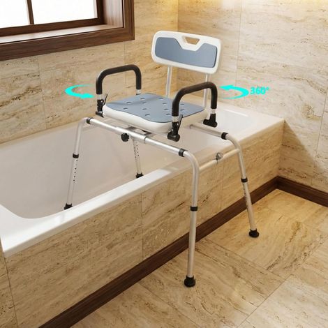 360°Drehbarer und Gleitbarer Duschhocker für Senioren,Badewannentransferbank mit Drehsitz,100kg,Drehbare Duschbank für die Badewanne mit 12-stufiger,Höhenverstellung,Armlehnen und Fußpads(Weiß,Grau) (1/5)