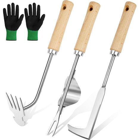 Manual Weed Killer 4 Piece Stainless Steel Weed Killer with Wooden Handle Weed Puller for Weeding in Gardens, Parks and Vegetable Gardens (1/5)