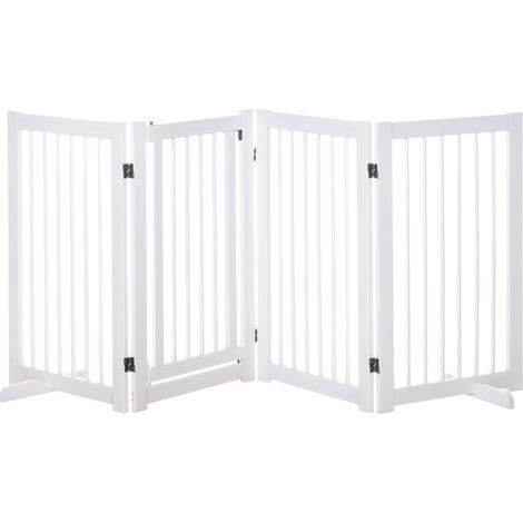 Recinto pieghevole per cani in legno bianco, 4 pannelli con porta e 2 piedini, 220 x 91 cm (1/5)