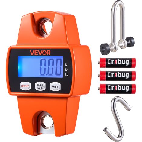VEVOR Bilancia Digitale a Gancio per Carico Valigia Capacita max. 300kg Bilancia Portatile Pesa Valigia Schermo LCD a Batteria Precisione 50g Interruttore 3 Unita, Caccia Pesca Bagaglio, Arancione