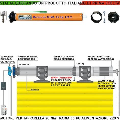 Kit Motore 230 V 140 W Per Tapparella 40 KG Potenza di Traino 20 Nm Sistema Blocco Sollevamento Telo Fine Corsa Regolabili Accessori Meccanici x Tubo Ottagonale Diametro 60 mm Protezione Termica 135° (1/5)