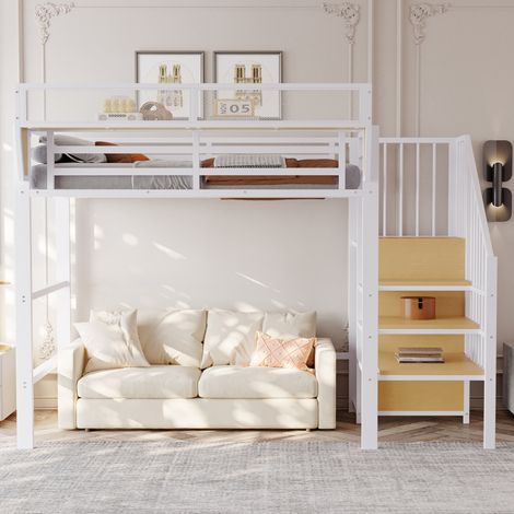 Lit mezzanine 90x200 avec échelle de sécurité et compartiment de rangement modulable, lit en métal, lit adulte, lit superposé enfant, blanc (1/5)