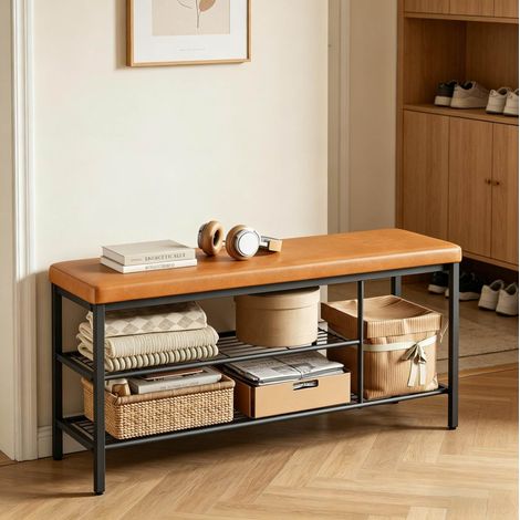 Mueble zapatero con asiento 100 x 30 x 50 cm, cuero sintético y metal, negro y marrón HAVRYA (1/5)