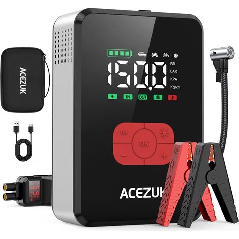 Démarreur de voiture portable avec compresseur d'air, 7000 A 150 psi, batterie de démarrage 12 V (tout gaz/diesel 12 L), démarreur de batterie de voiture avec câbles de démarrage portables, lumières (1/5)