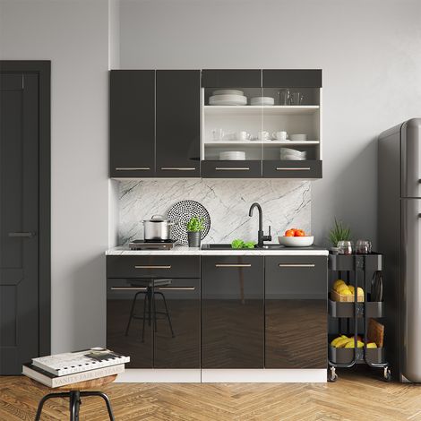 Cocina para solteros Fame-Line, Antracita brillo intenso/blanco, 140 cm , ET Antracita, Vicco