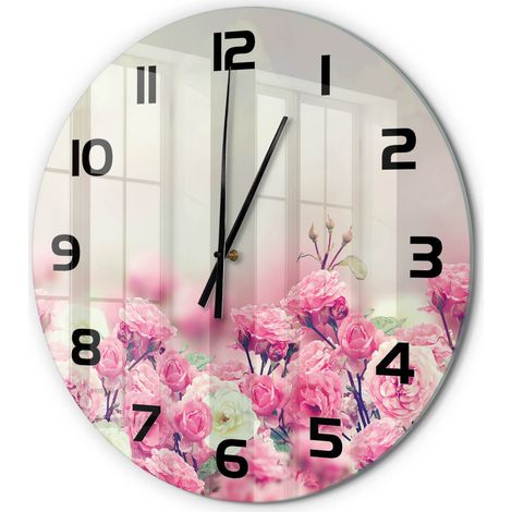 Horloge Murale Ronde Objet Décoratif en Verre Silencieuse pour Salon Fleurs de rosier sauvage fi 60 cm