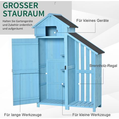 Abri de jardin avec rangement pour bûches, remise extérieure 3 niveaux, toiture bitume, bois pin, bleu ciel, 130x54,5x180 cm