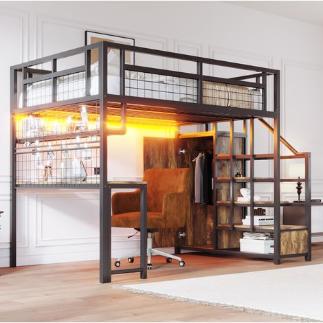 Letto a soppalco in metallo 140 x 200 cm con scrivania, ripiani, scala e LED, nero (1/5)