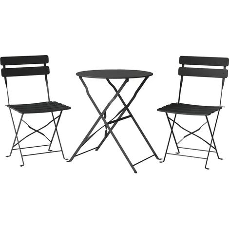 Ensemble bistrot jardin 3 pièces, table ronde et 2 chaises pliantes en lattes, double protection antirouille, noir. (1/5)