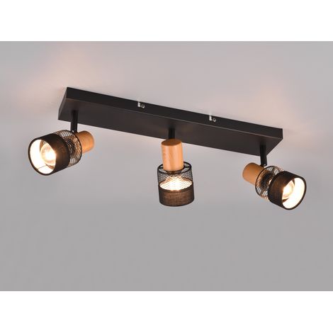 LED Deckenstrahler 3-flammig, Holz & Draht-Stoff Lampenschirm, Breite 58,5cm (1/5)
