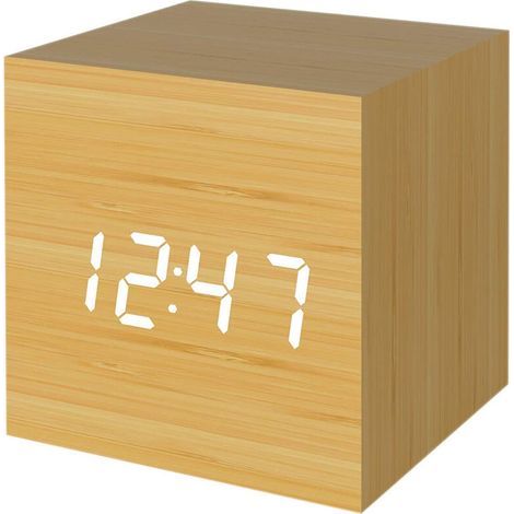 Réveil numérique, lumière LED en bois Mini réveil de bureau cube moderne affiche heure date température pour enfants, chambres, maison, dortoir, style de voyage, (1/5)
