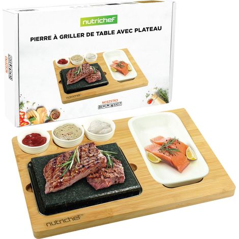 Set de Cuisson Pierre Chaude – Pierre en Granit avec Plateau Bambou, Bols en Céramique, Base Inox pour Grill de Table Intérieur et Extérieur (1/5)