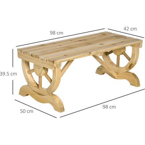 Banc de jardin deux places, à lattes et pieds en forme de roue de charrette, en bois, 98 x 50 x 39,5 cm, couleur bois (1/5)