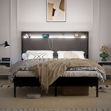 Lit double 140x190 cm avec tête de lit capitonnée LED, lit avec 2 prises et 2 ports USB, espace sous le lit, structure en métal et tissu, noir (1/5)