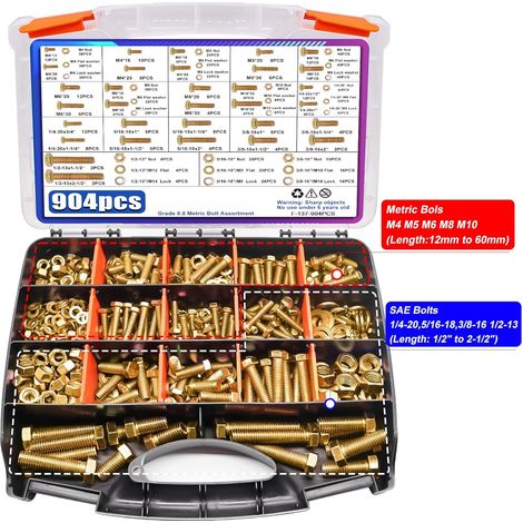 Assortiment de boulons 904 pièces avec écrous, rondelles plates et élastiques, boulons à tête hexagonale métriques M4 M5 M6 M8 M10 et SAE, acier au carbone zingué jaune, classe 8.8, coffret (1/3)