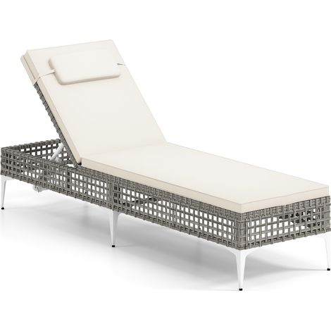 COSTWAY Rattan Sun Lounger 6-Level Adjustable Garden Chaise Lounge Chair-White (1/5)