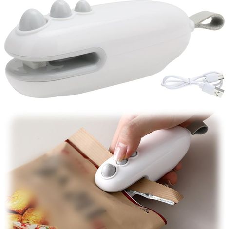 Mini scelleuse et coupe-sacs, machine à sceller à chaud portable avec dos magnétique, charge USB de type C, verrouillage de sécurité, blanc – Garde les aliments frais et les collations (1/5)