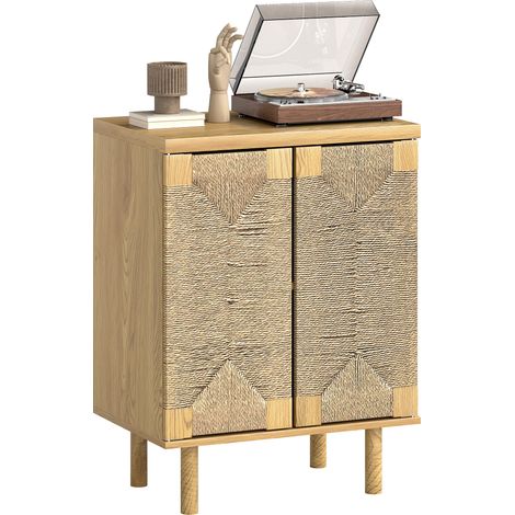 HOMCOM aparador bohemio de 2 puertas con cuerda tejida a mano, aparador de salón con estante ajustable, apertura por presión, roble, 60x40x78 cm