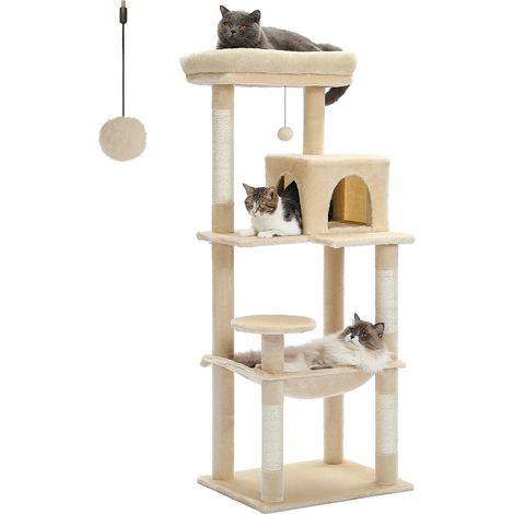 Arbre à chat pour chats d'intérieur, tour à chat à 5 niveaux pour grands chats avec grand hamac, poteaux à gratter couverts en Sisal, perche supérieure confortable pour Condo-Beige (1/5)